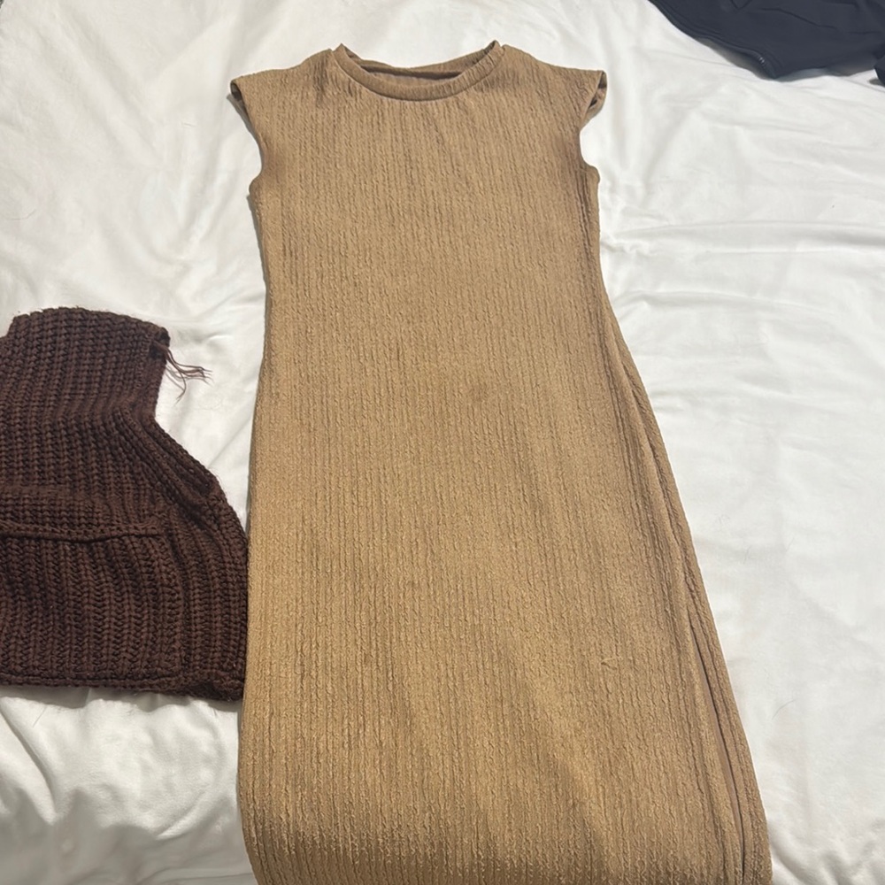 SHEIN Tan Ribbed Midi Dress Crew Neck Cap Sleeve